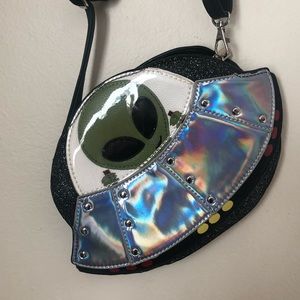 Sparkly holographic alien spaceships bag purse